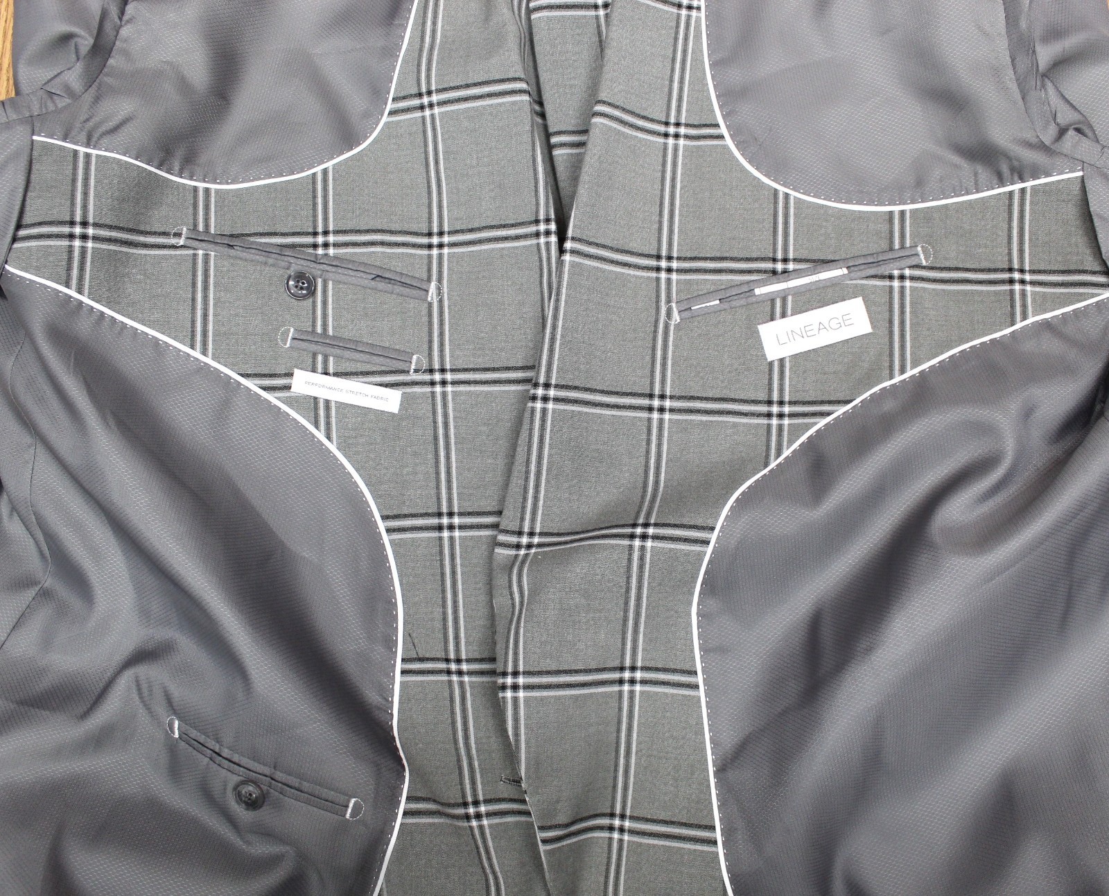 58 LONG- LINEAGE WINDOWPANE GRAY, BLACK & WHITE SPORT COAT POLY/RAYON/SPANDEX