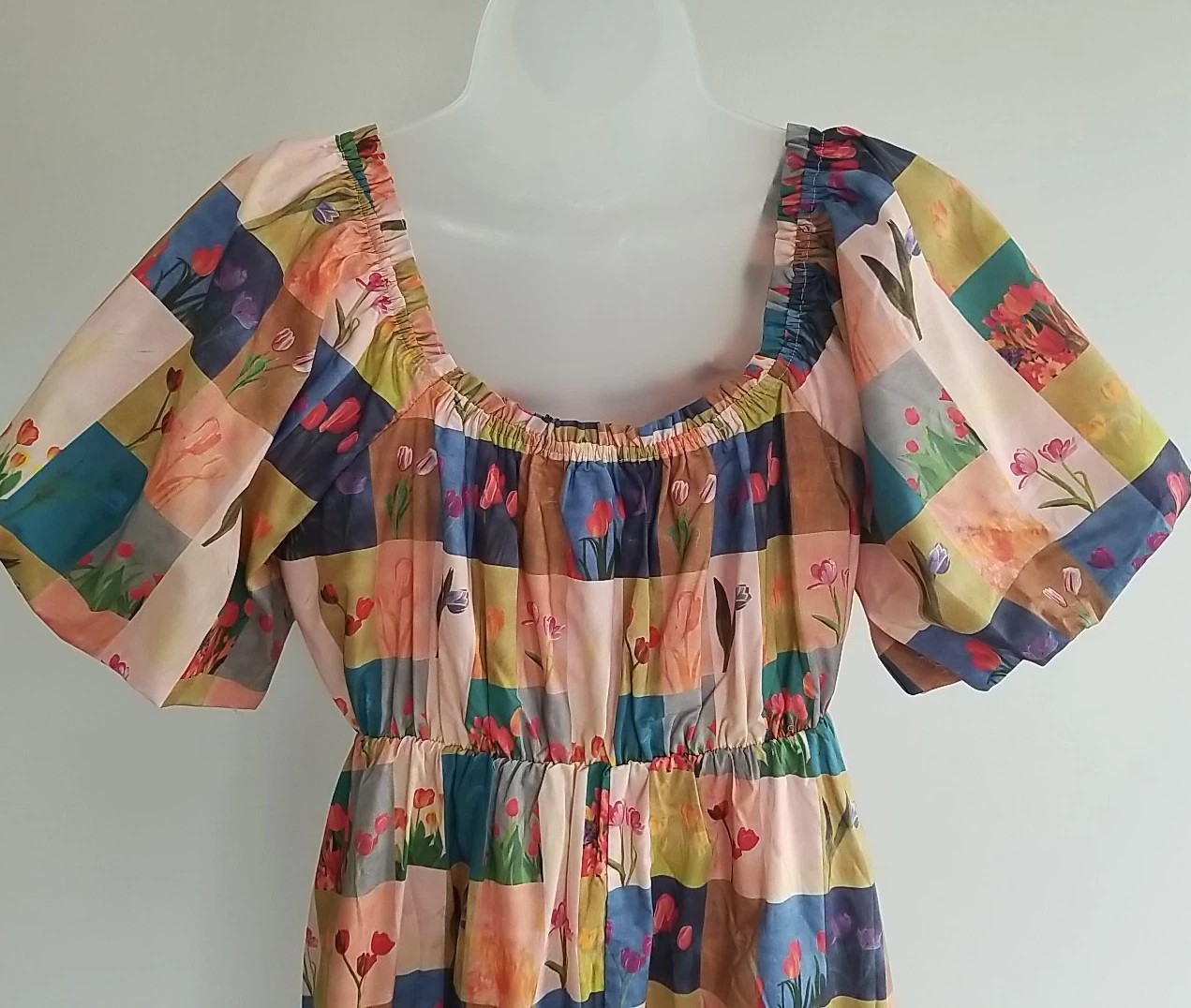 Davi & Dani Checkered Tulip Print Midi Dress NWT Spring Floral Beaded Tie Neck