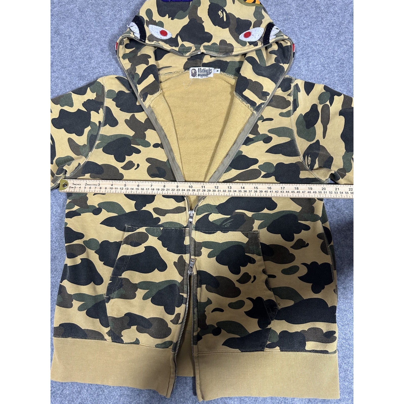 A Bathing Ape Shark Full-Zip Hoodie Medium Yellow Camo Cotton Frayed Hem
