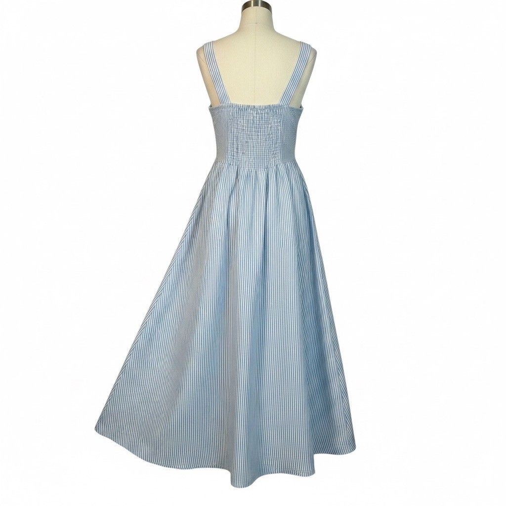Sunset Lane Blue/White Striped Smocked Maxi Dress Square Neck Sleeveless M/M