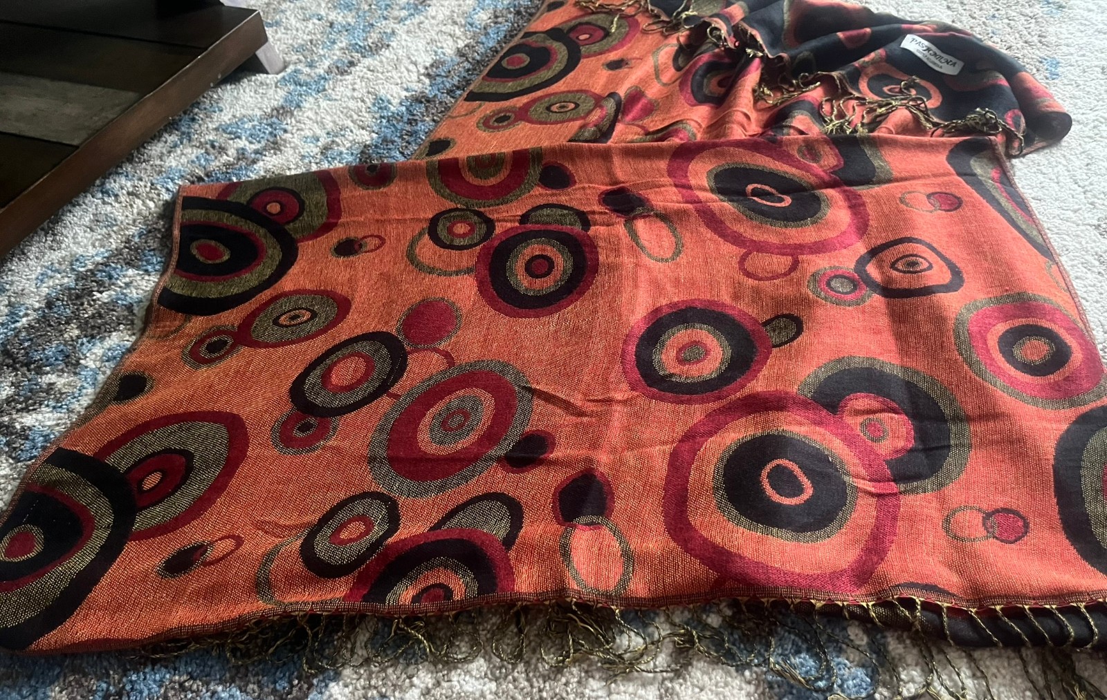100% Pashmina Shawl Wrap Scarf 76″ x 28″ Rust Burgundy Abstract Circle Fringe