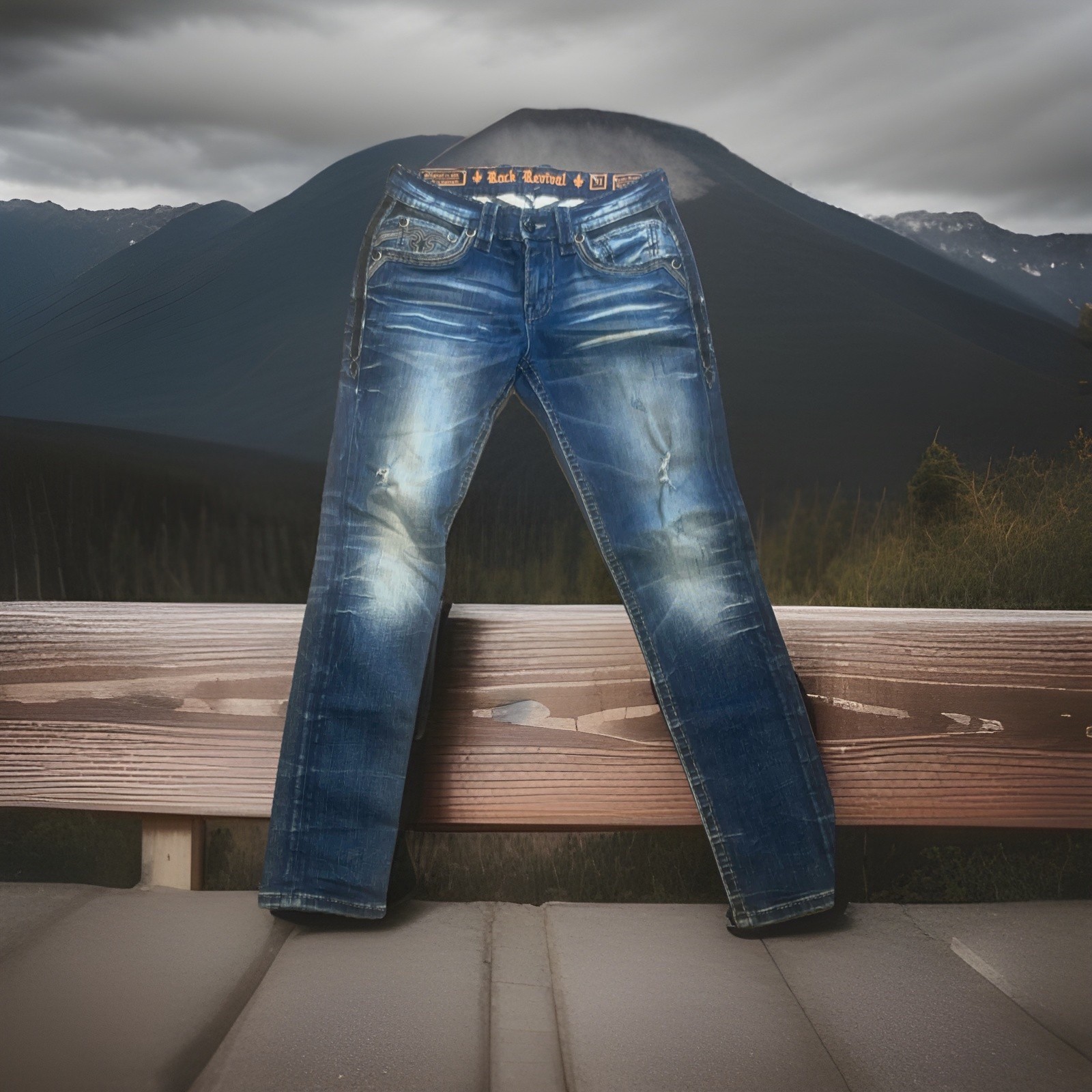 ROCK REVIVAL “ RUSTIC BROWN” Slim Taper Jeans, Size 31/31 Length ￼ Distressed