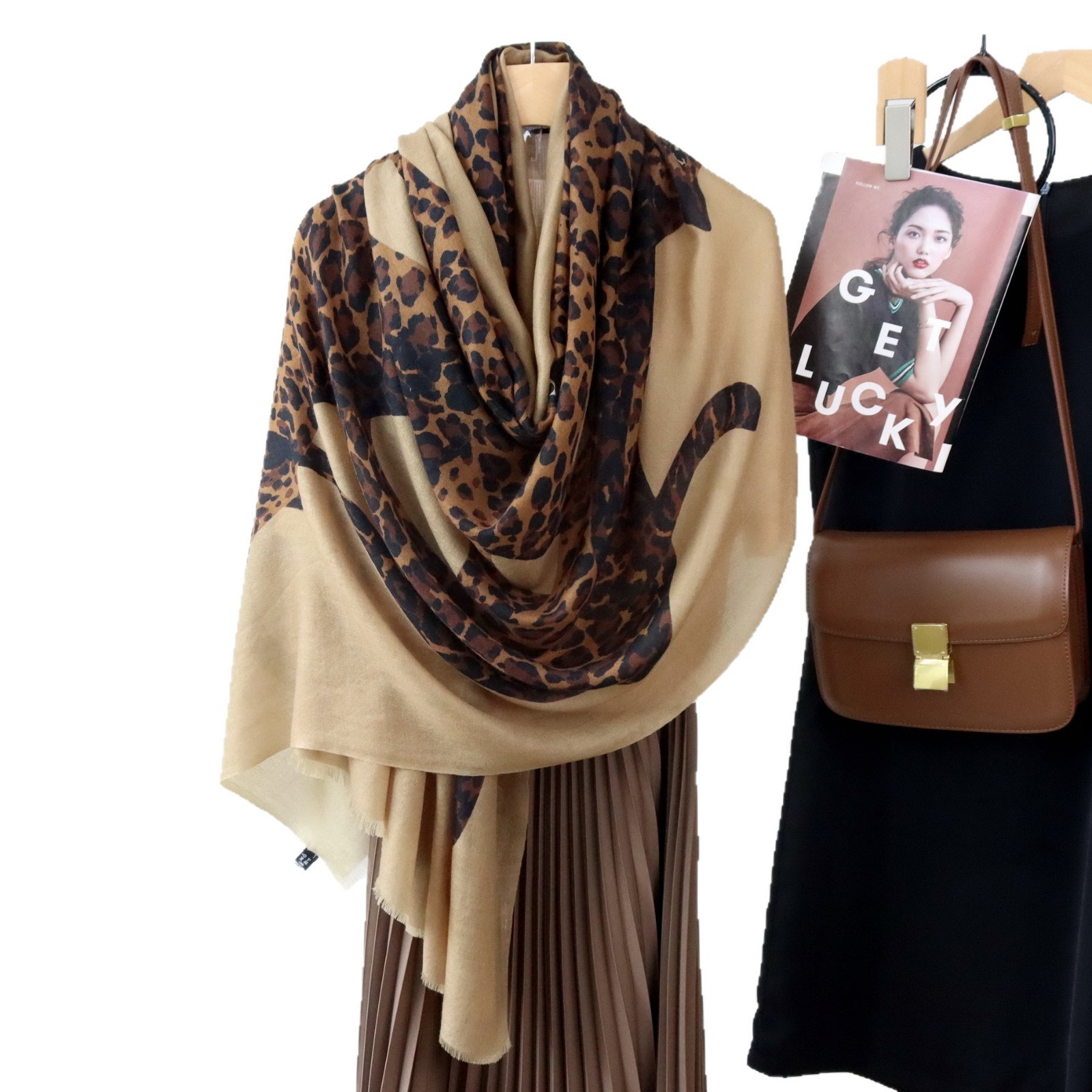 100% wool black & khaki cheetah print scarf fashion women’s shawl 200cm * 100cm