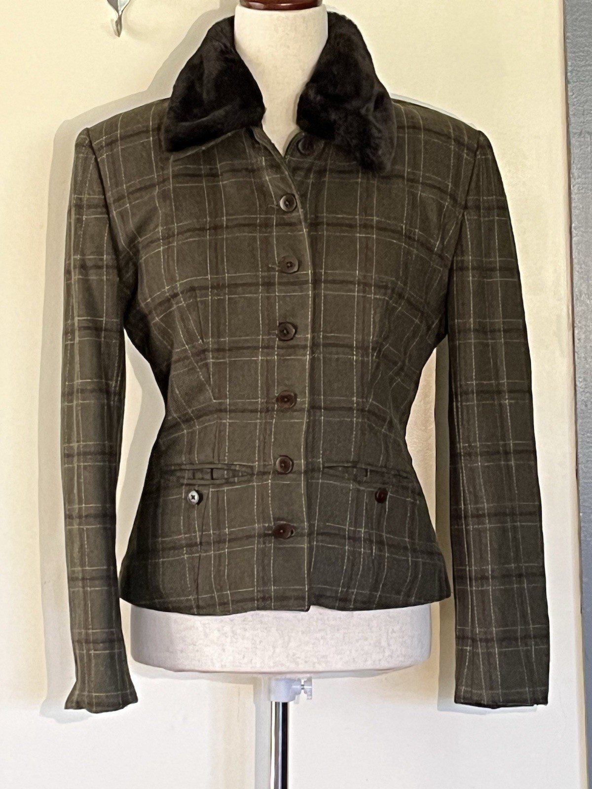 Banana Republic Plaid Wool/Cashmere Blend Blazer Jacket Faux Fur Collar Size 4