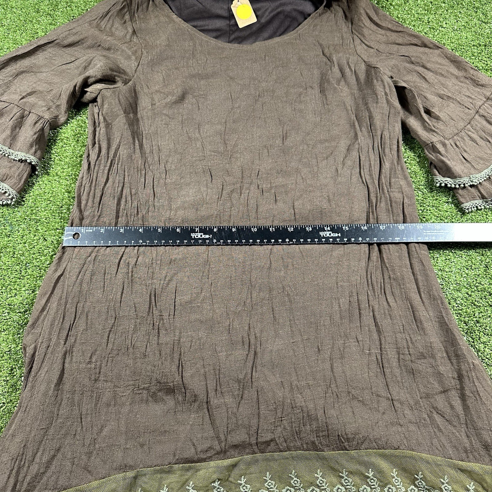 Adorn Brown Tunic with Bell Sleeves and Embroidered Lace Hem L