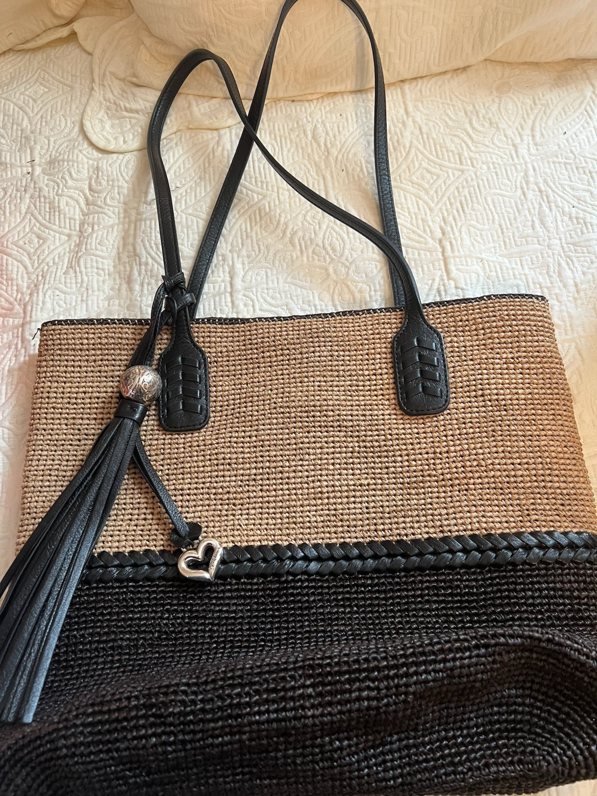 Brighton Black & Tan Woven Tote Bag Leather Double Handles Magnetic Closure