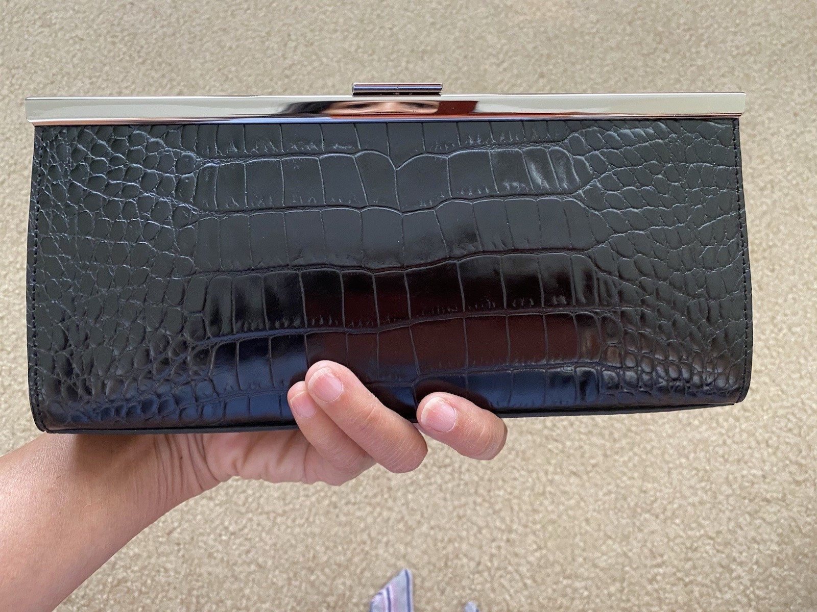 Ann Taylor Black Croc Embossed Clutch w/ Silver Chain Strap, Clasp, Pockets