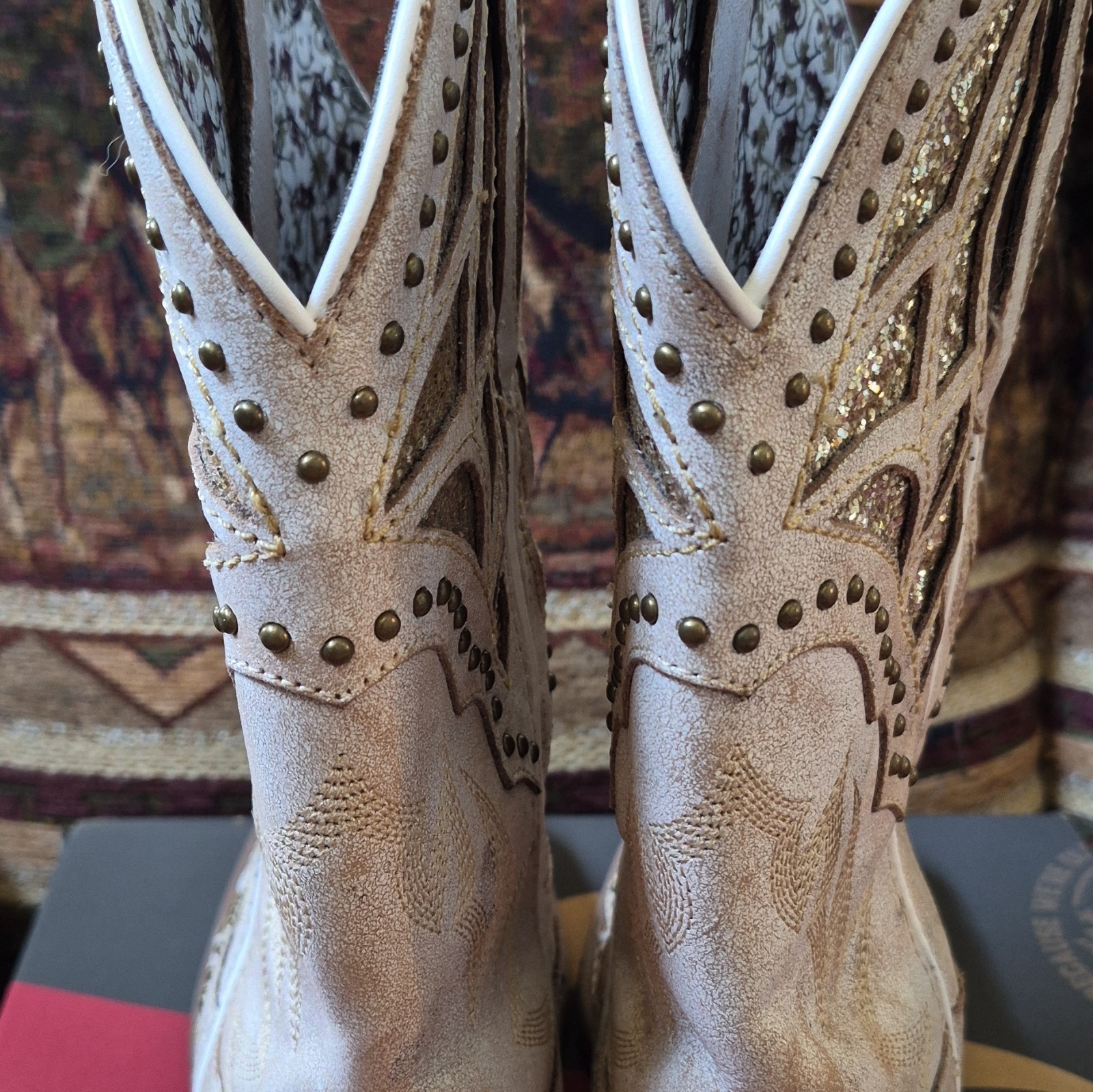 Laredo 5867 Women’s Western Leather Studded Mid-Calf Boots Beige US 6.5
