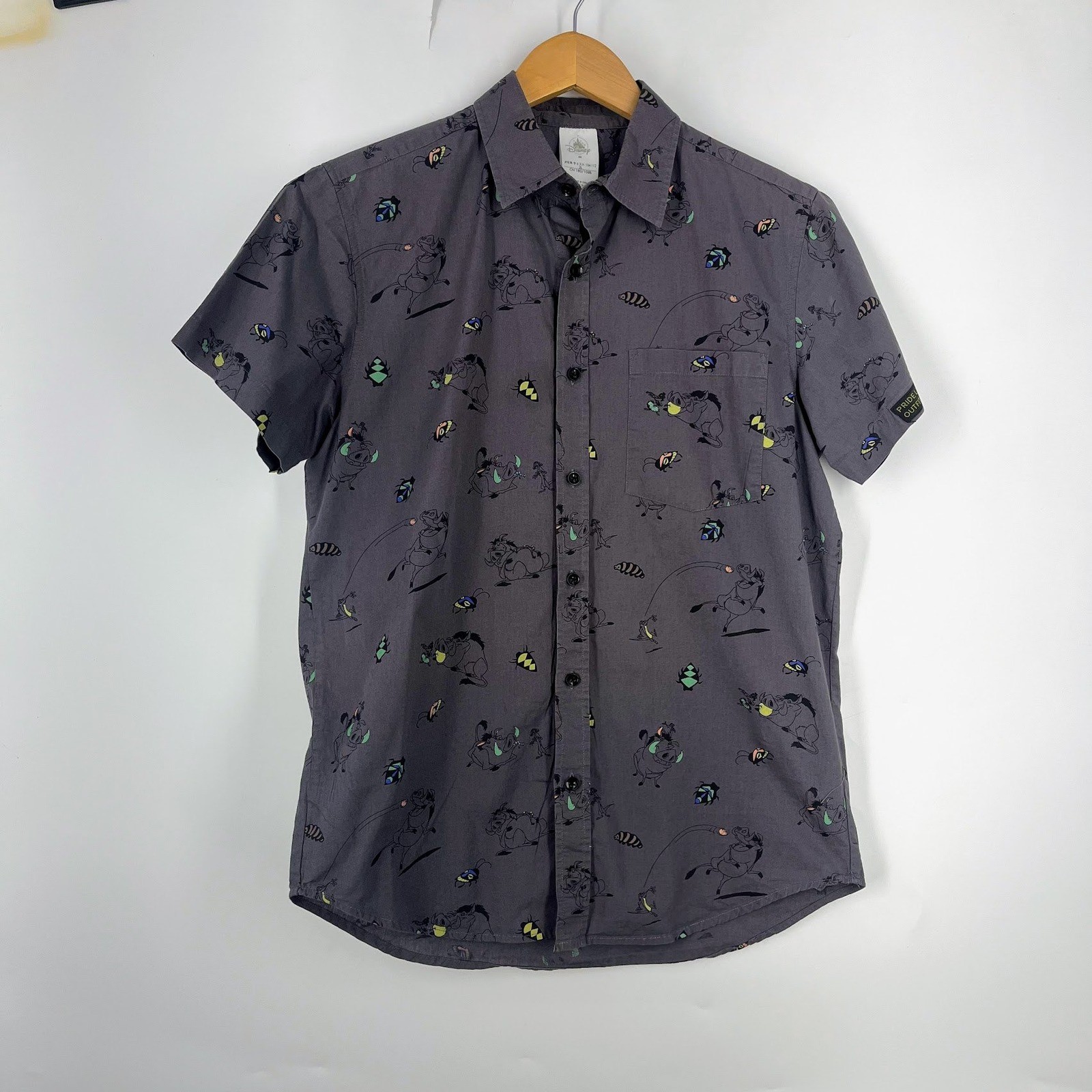 Disney Lion King Timon Pumbaa Button Down Shirt Mens Short Sleeve Woven Size M