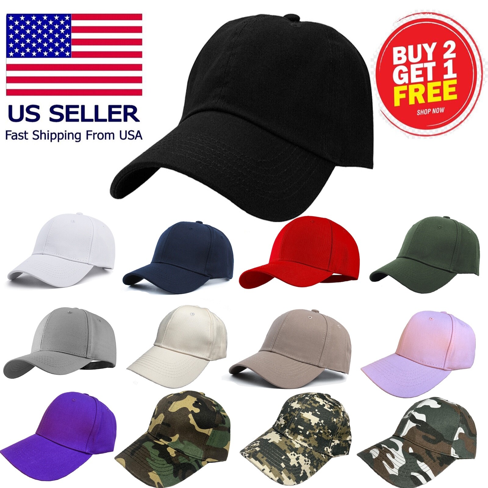 Baseball Cap for Men & Women Plain Solid Cotton Hat Flexible Fit Plain Ball Caps