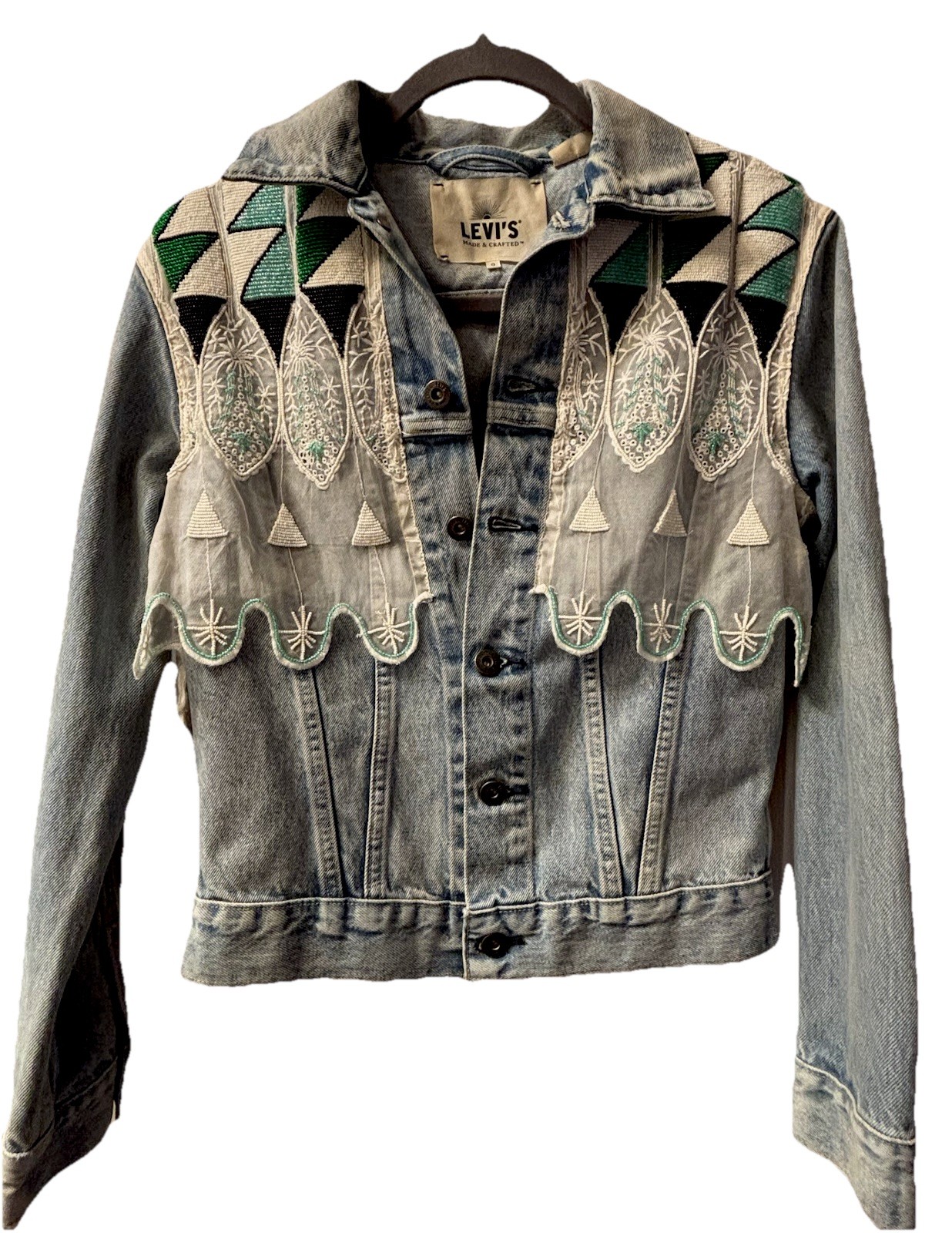 Levi’s Made & Crafted Teal Embroidered Lace Denim Jacket Sze 0 NWOT Chic Cowgirl