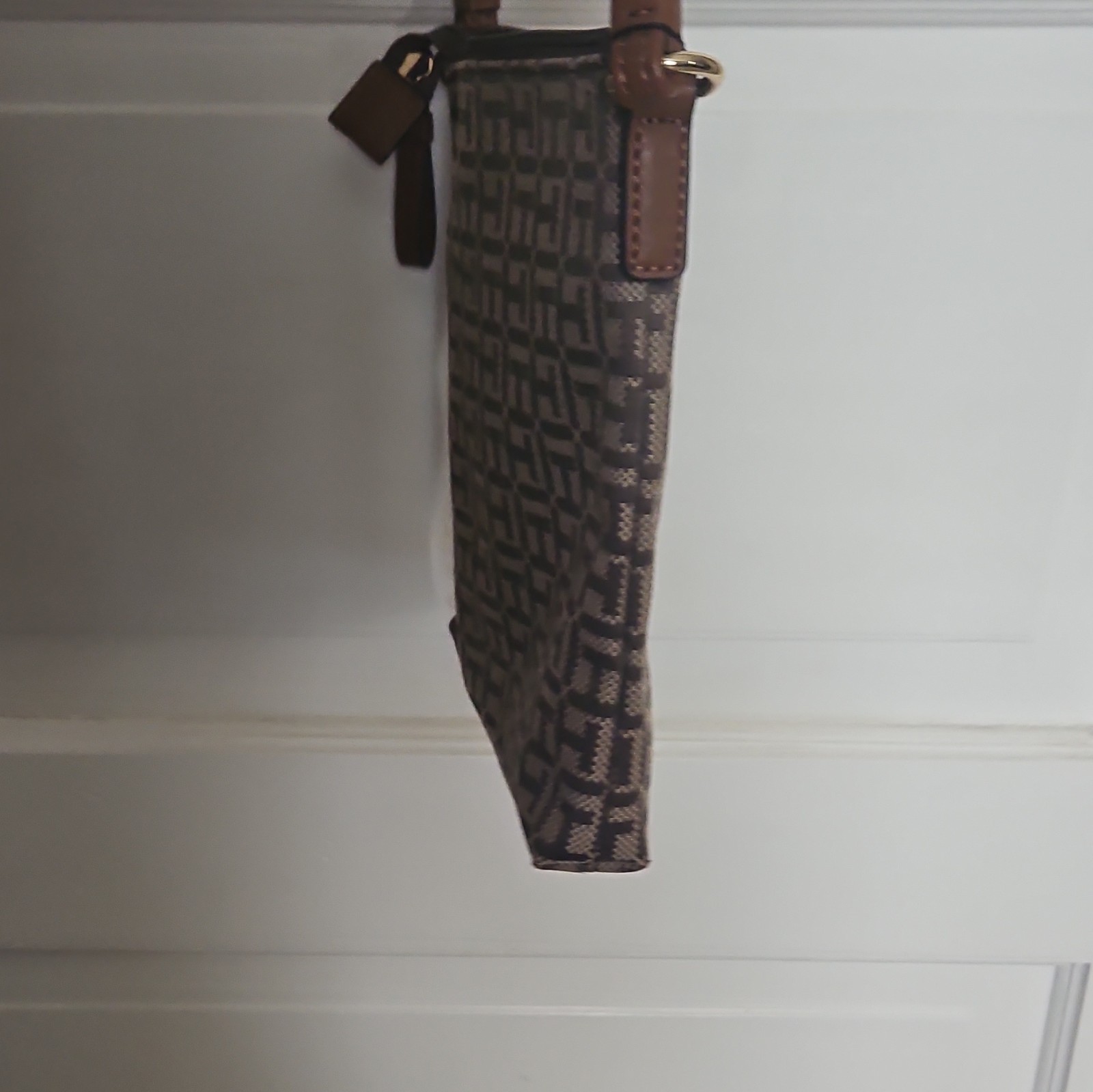 Tommy Hilfiger Brown Beige Monogram Small Crossbody Bag Zip Top Gold Hardware