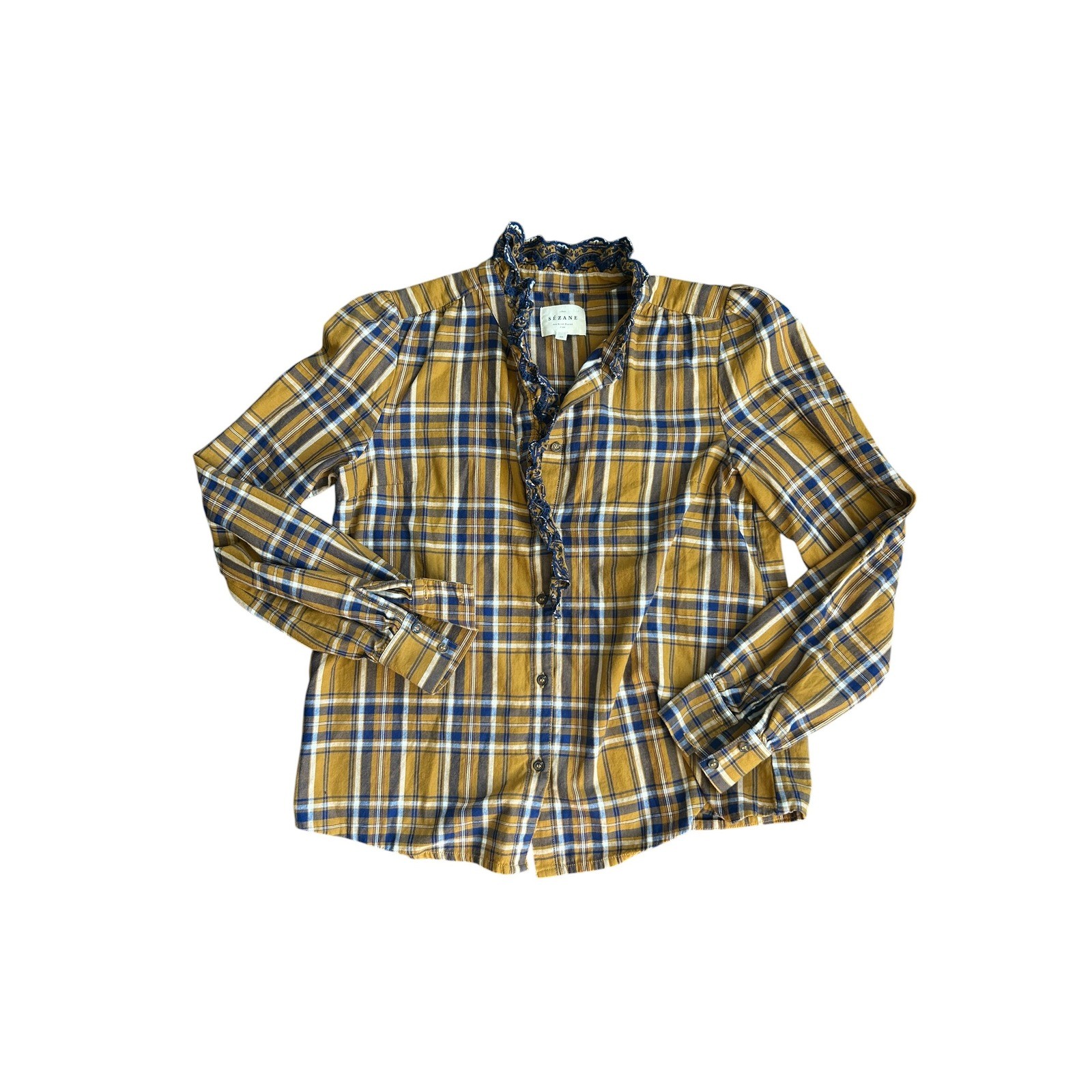 Sezane Chlo Shirt Mustard Yellow Navy Plaid Ruffle Lace Organic Cotton Blouse 36
