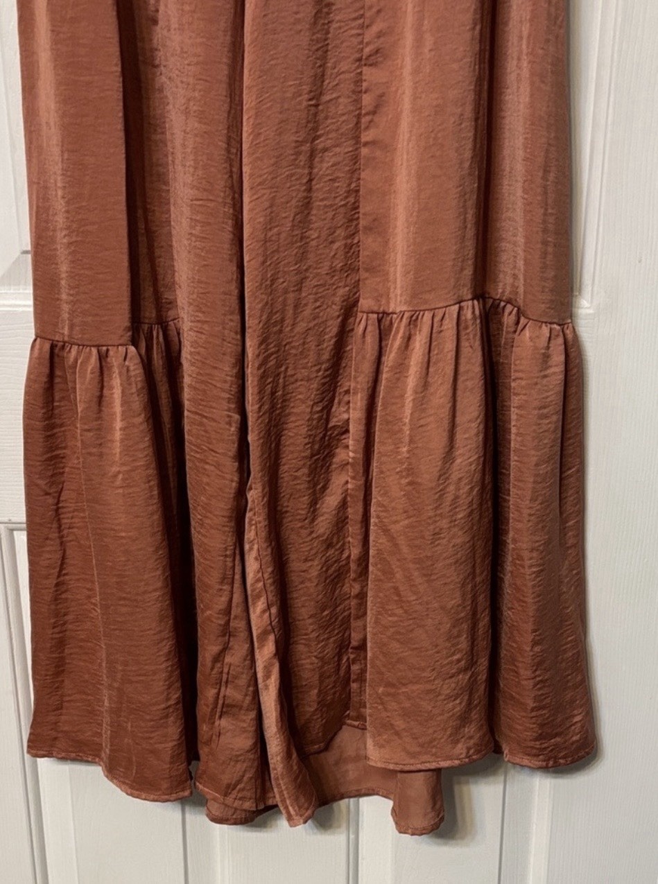 ee:some Women’s Boho Brown Solid Wide-Leg Pants Smocked Tie Ruffle 31″