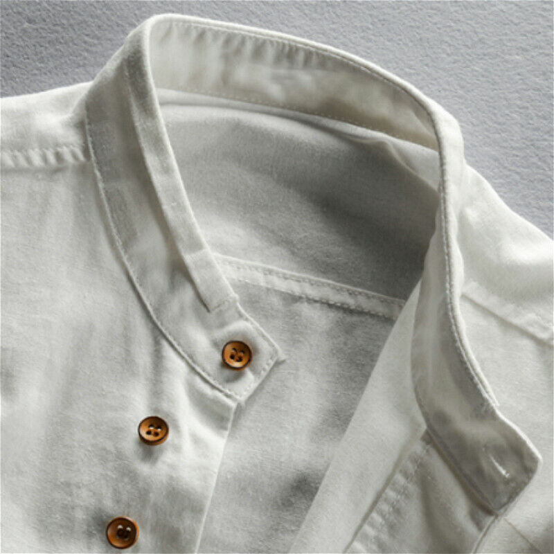 Cotton Linen Shirt Men Formal Retro Long Sleeve Mandarin Collar Frog Button Tops
