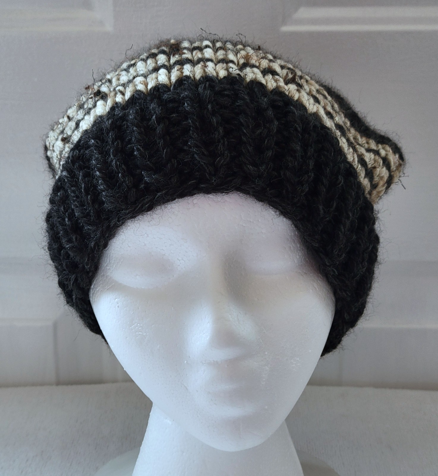 New Slouch Hat – Dark Gray w/ Beige Stripes – Wool Blend Handmade Hand Knit