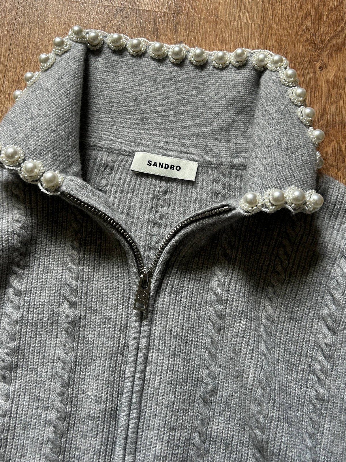 Sandro pearl-embelished cable-knit cardigan womens 2 size grey