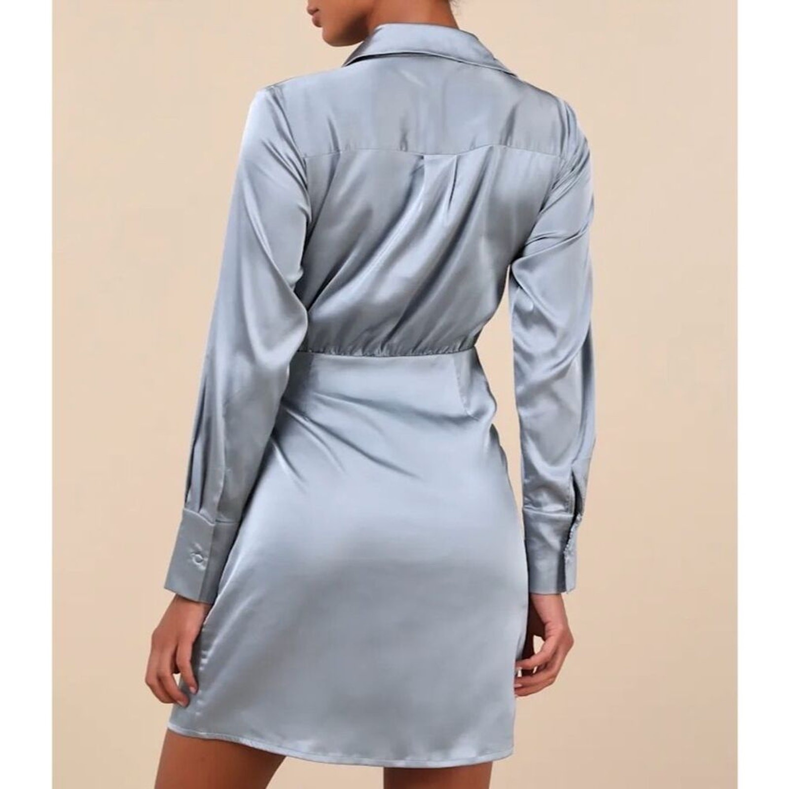 NWOT Lulus Women’s M Painterly Perfection Slate Blue Satin Wrap Mini Dress Party