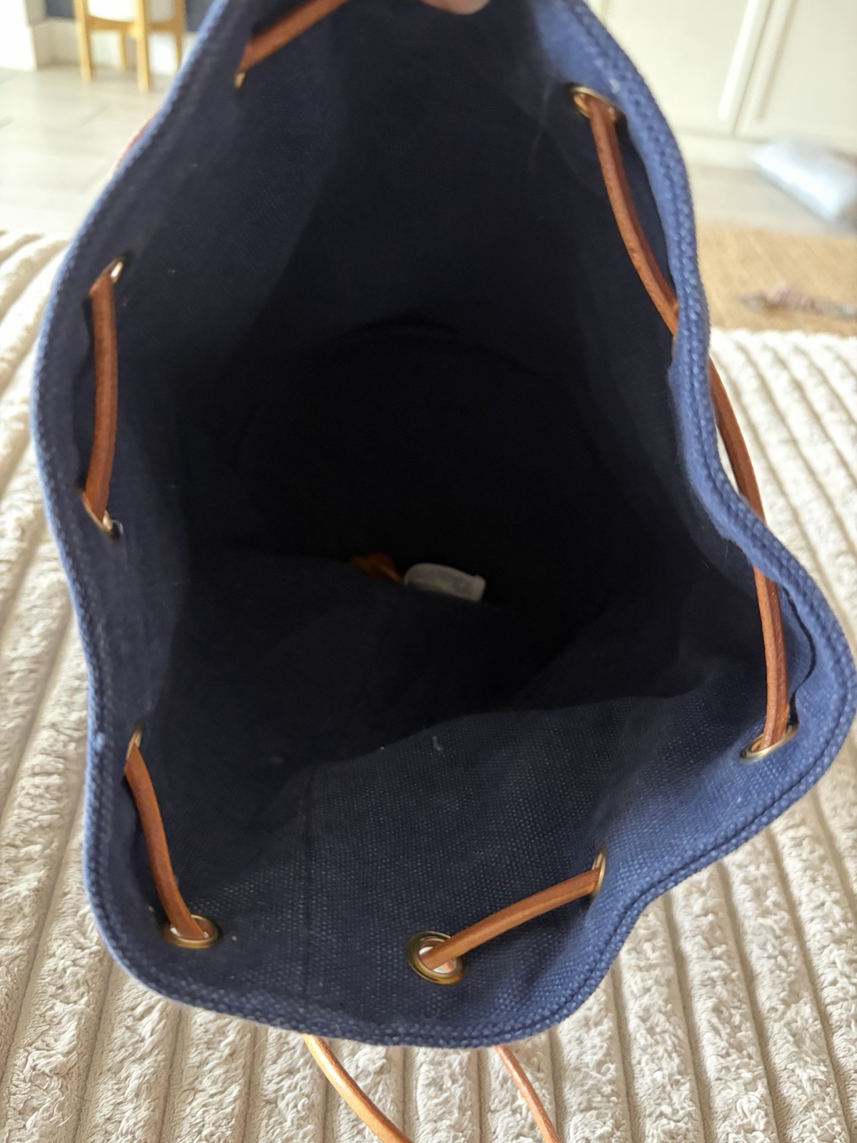 Quaker Marine Supply Blue Bucket Drawstring Bag Brown Leather Strap Gold HW
