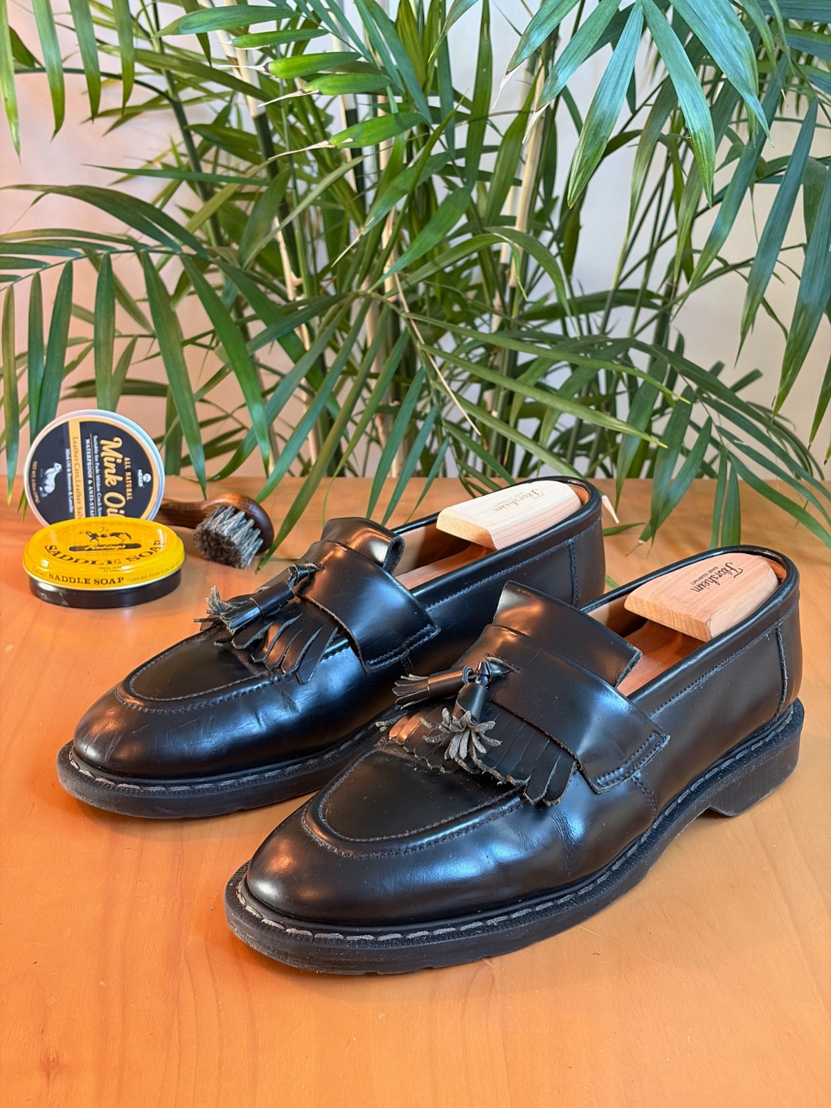 Solovair Black Hi-Shine Leather Tassel Loafers Made England Mens US 11 / UK 10