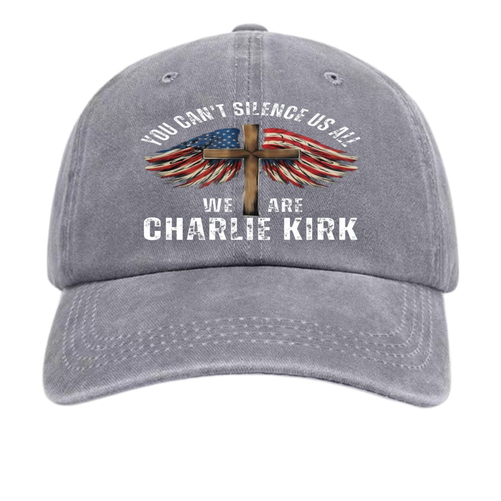 Patriotic Charlie Kirk Baseball Cap-Cross Flag”You Can’t Silence Us All” Dad Hat
