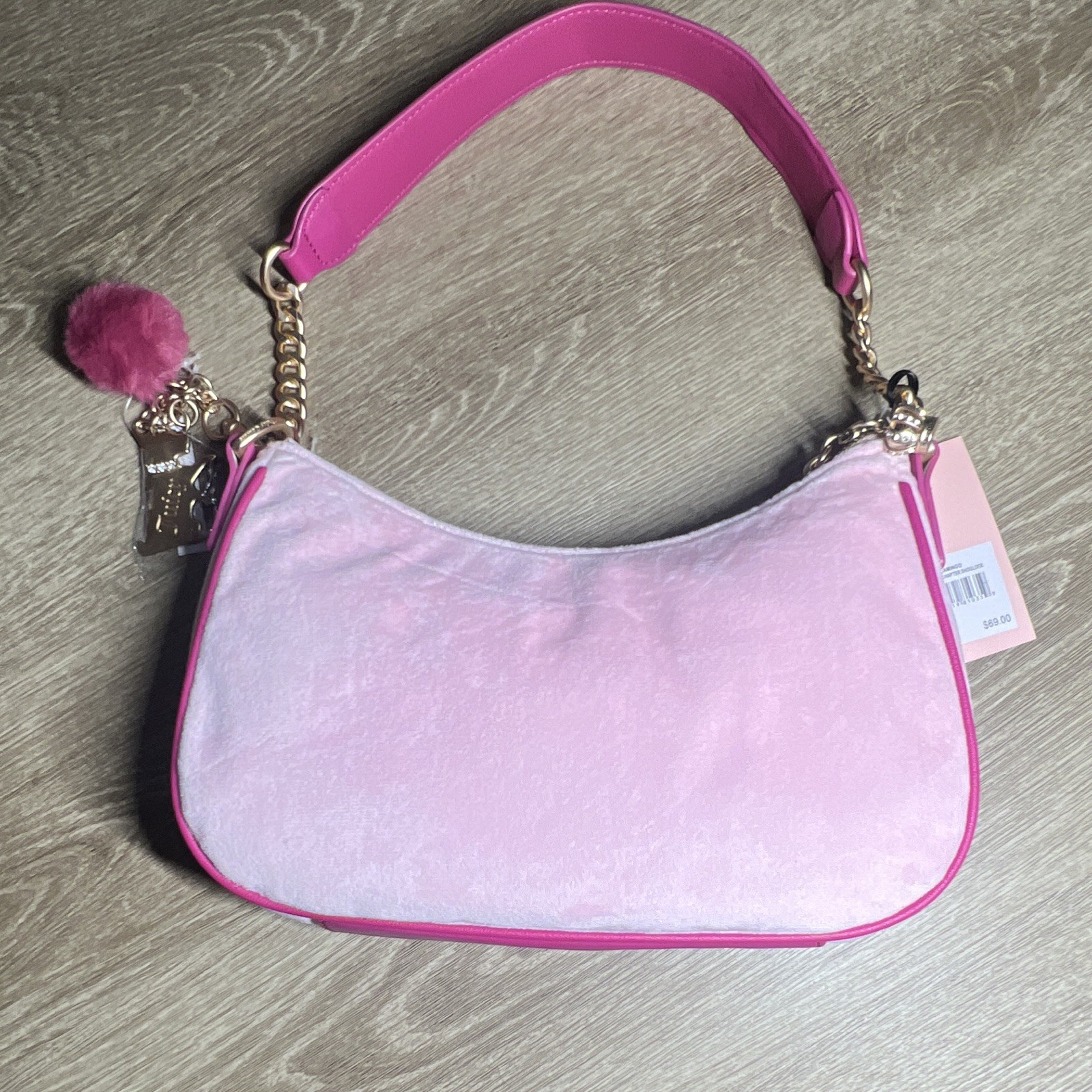 Juicy Couture Small Pink Shoulder Bag Embroidered Logo Gold Chain Zip Charm