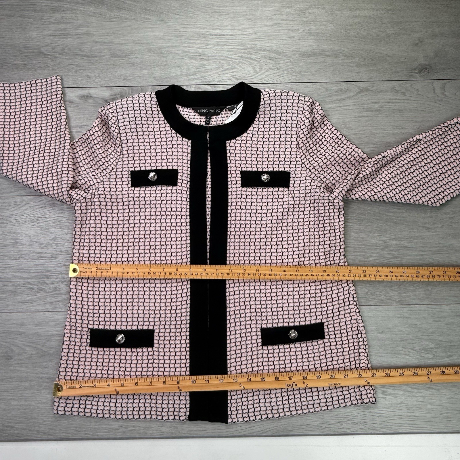 NWT Ming Wang Pale Pink & Black Knit Cardigan Sweater Jacket Top Heritage Fit M