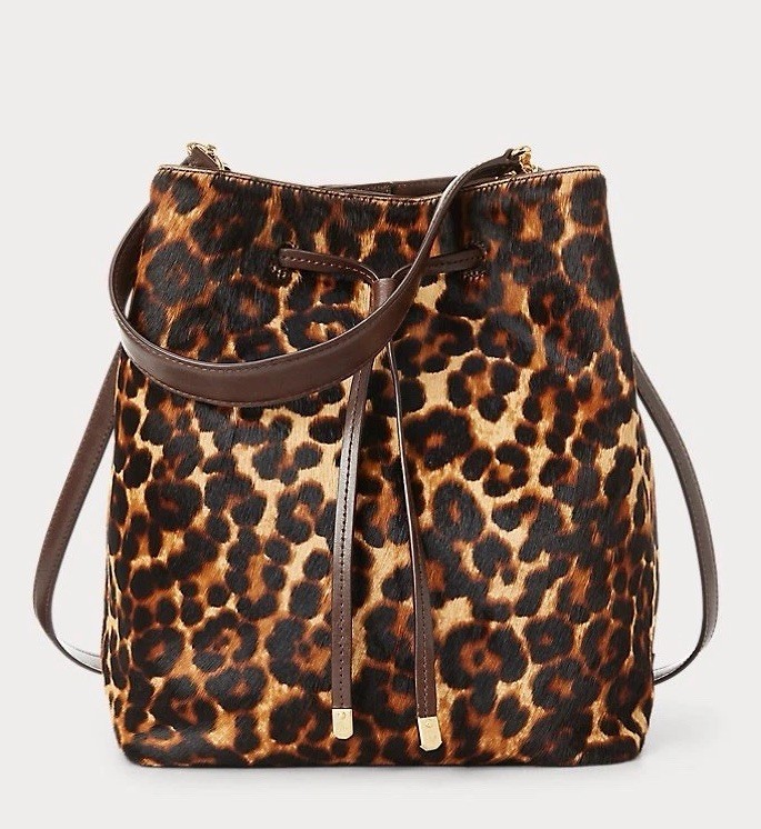 Ralph Lauren Leopard Debby Drawstring Bag Brown Black Gold Hardware