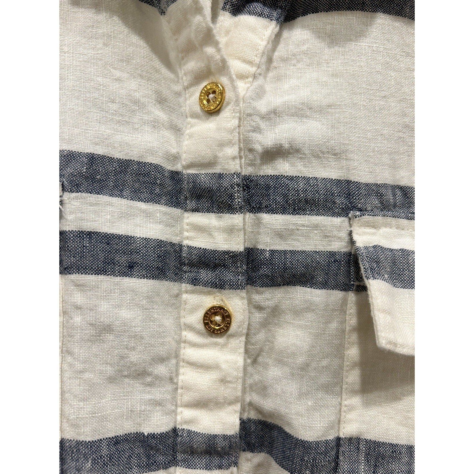 Ellen Tracy Womens Large 100% Linen Striped Roll Tab Sleeve Henley Top Coastal