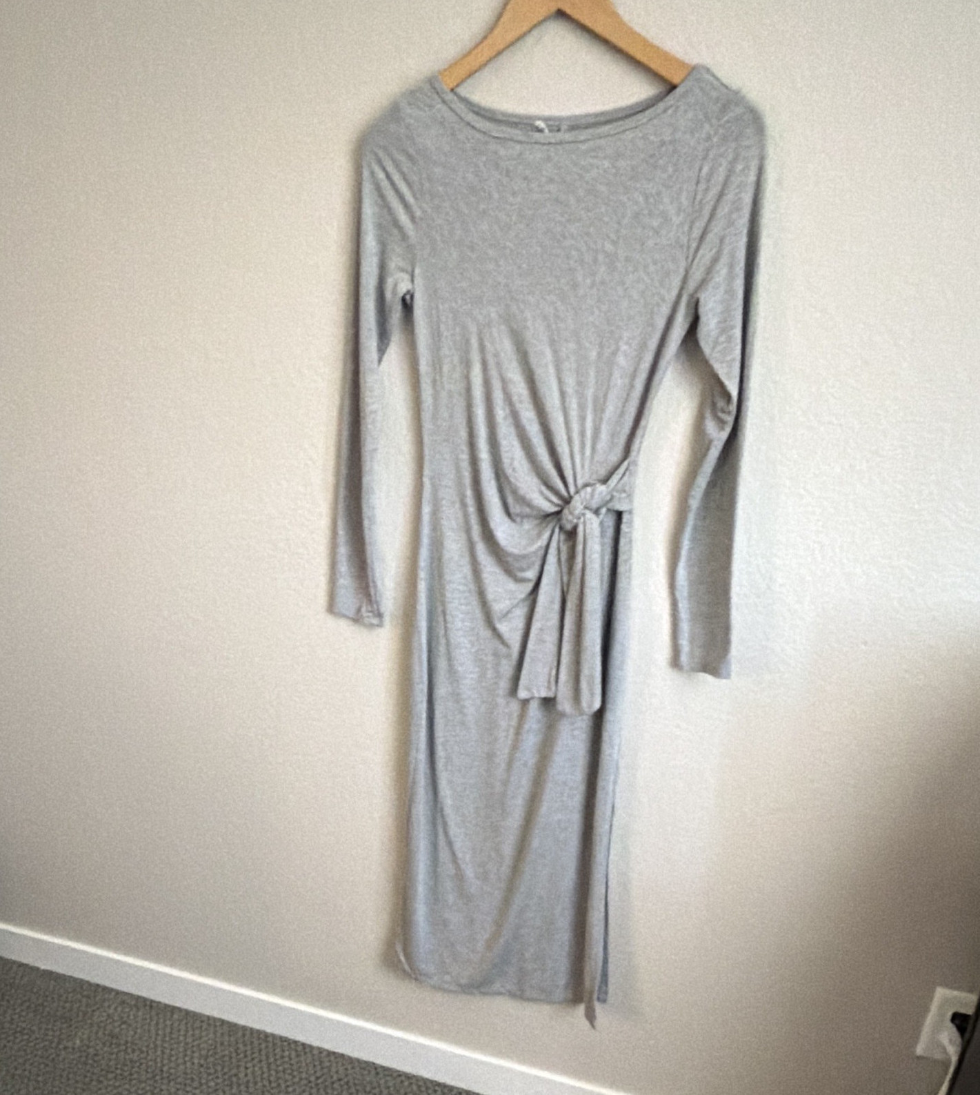 HSPT Gray Solid Boat Neck Long Sleeve Sheath Knit Stretch Midi Dress Size S