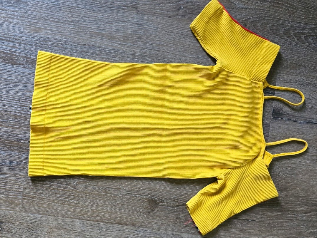 Yellow Ribbed Knit Cold Shoulder Square Neck Spaghetti Strap Top One Size