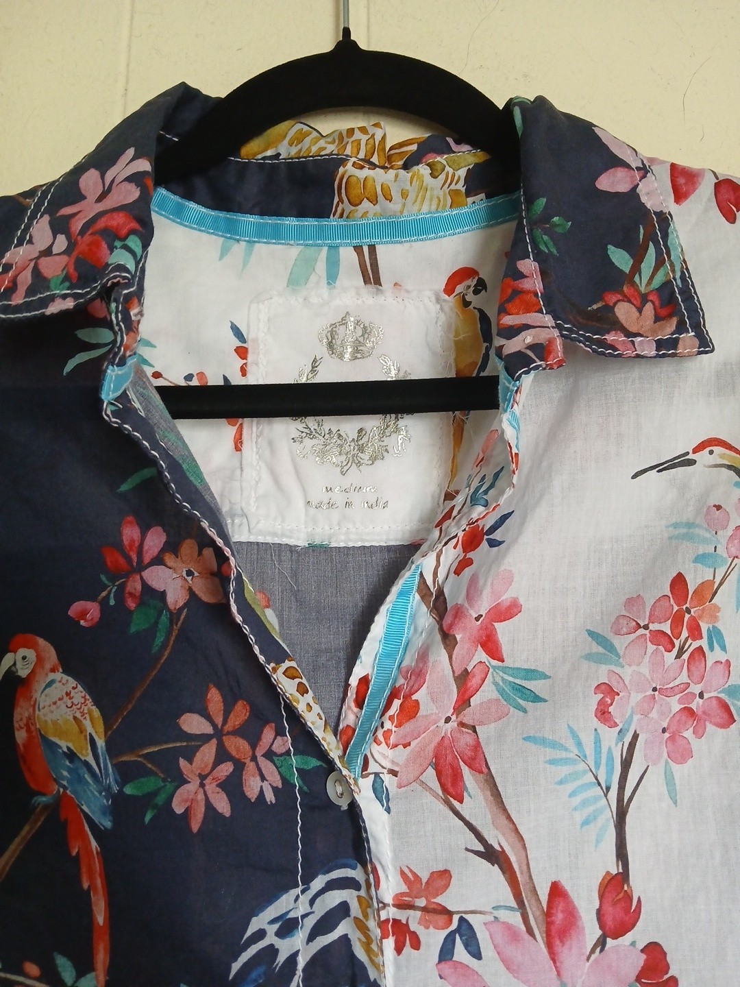 Cino Floral Botanical Bird Print Button Down Blouse Tab Sleeve 100% Cotton Sz M