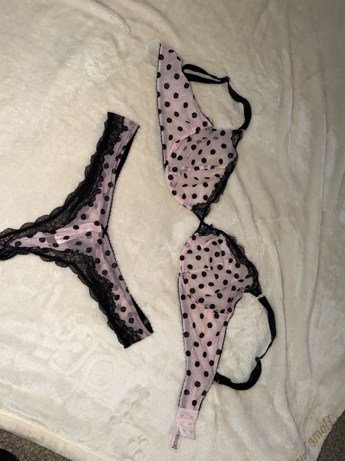 Victoria’s Secret 36DD Unlined Underwire Bra Set Mesh Lace Pink/Black Polka