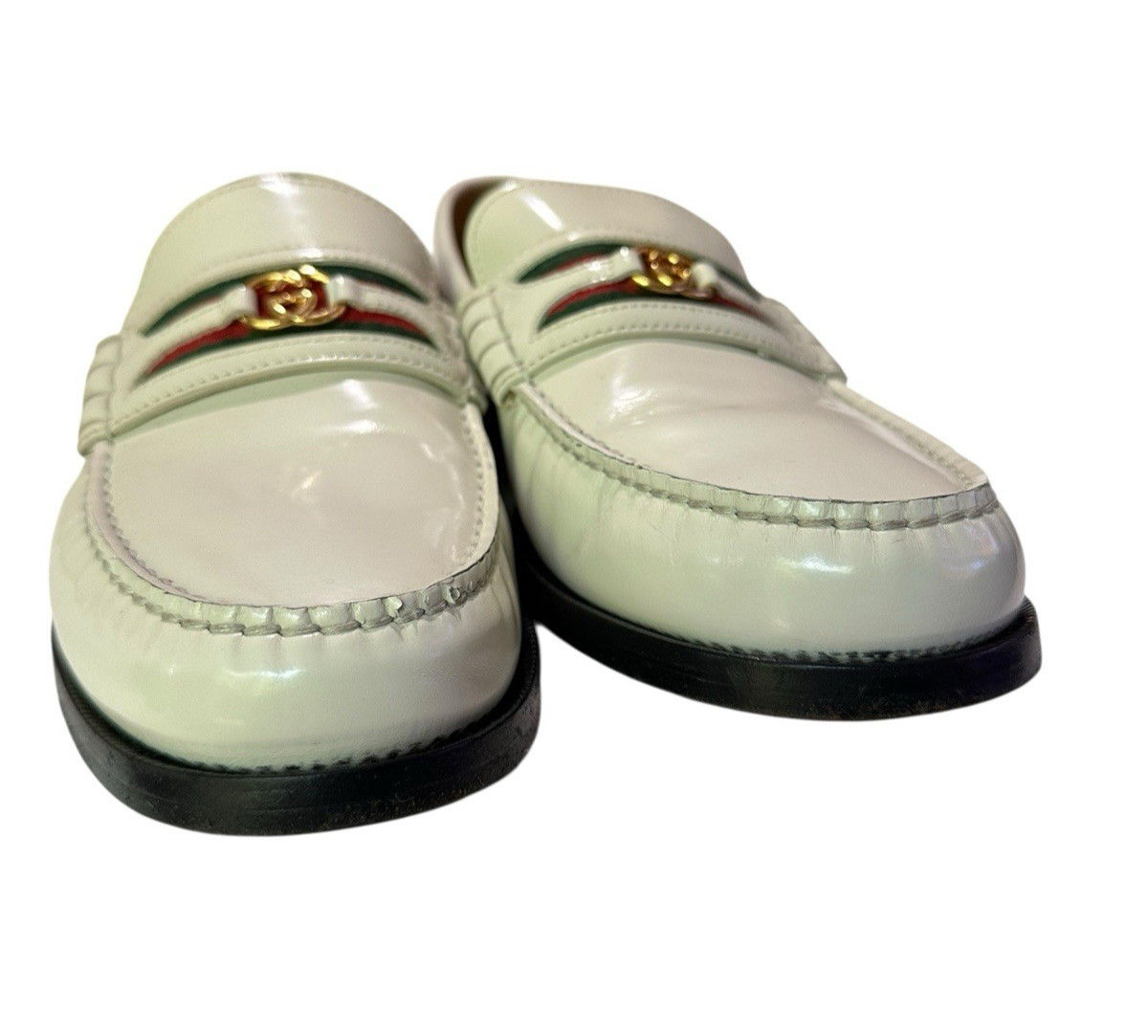 Men Genuine GUCCI Kaveh Webbing White Leather Loafers Shoes GG logo 9.5 US