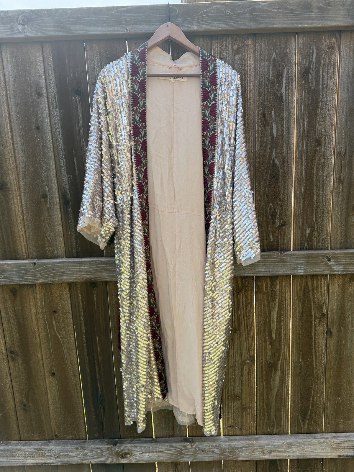 Free People Sequin Kimono Duster Silver Embellished Boho Festival Tassel OS