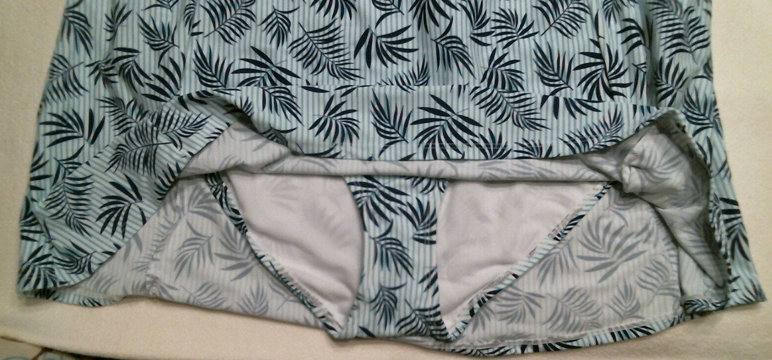 Basic Editions 1-Piece Halter Swimdress, Teal/White-Navy Palms, Reg Sizes, NWT