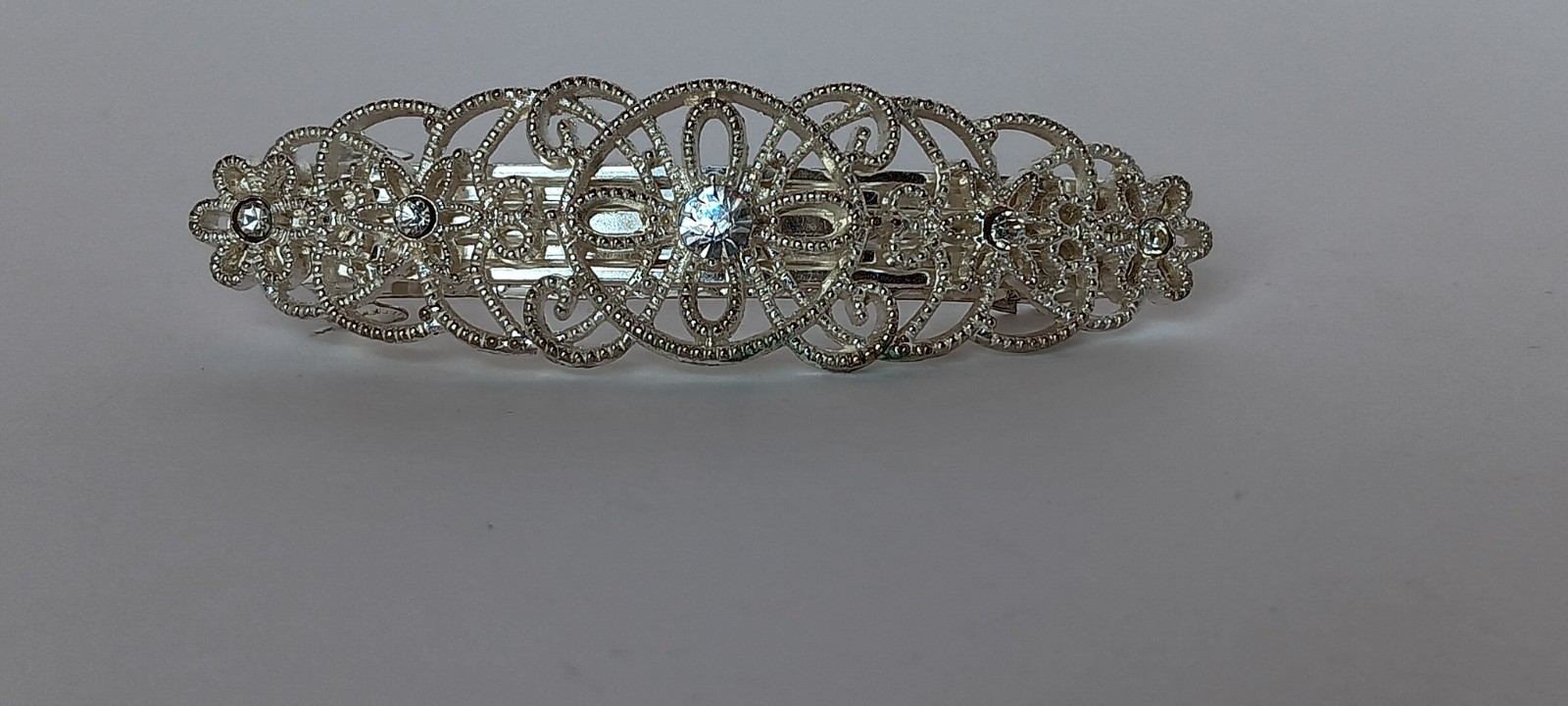 Faship Silvertone Filagree Crystal Hair Barrette 3.5 in