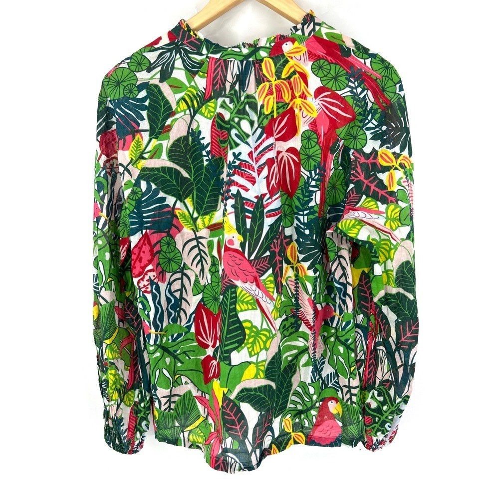 Boden Top Tropical Parrot Jungle Print Ruffle Neck Popover Blouse