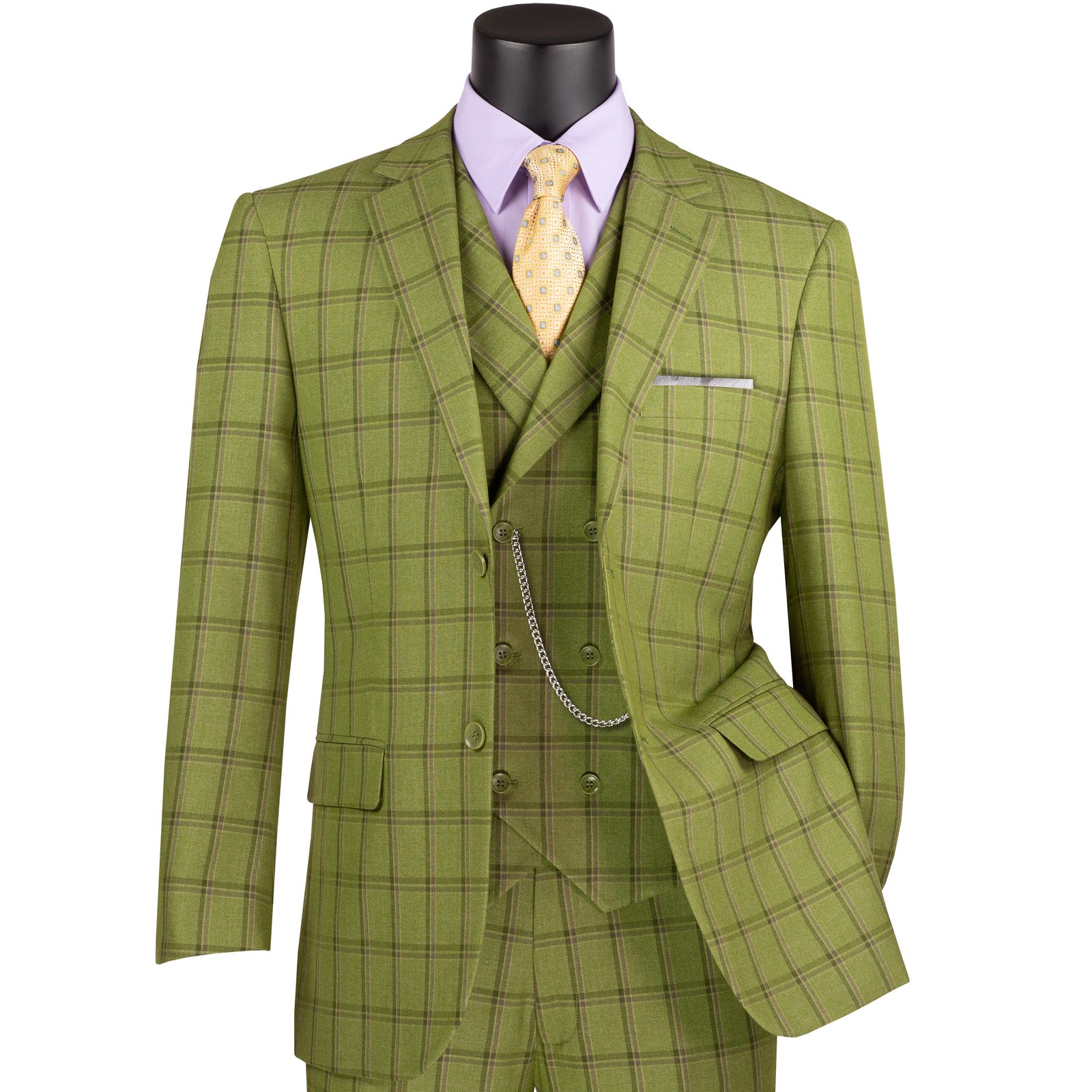 VINCI Men’s Moss Green Windowpane 3 Piece Modern Fit Suit – NEW