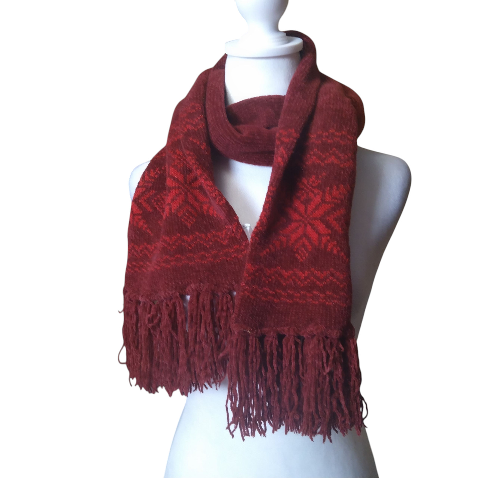 Covington Women’s Burgundy Soft Fringed Winter Scarf Fair Isle 64 Inches Cozy