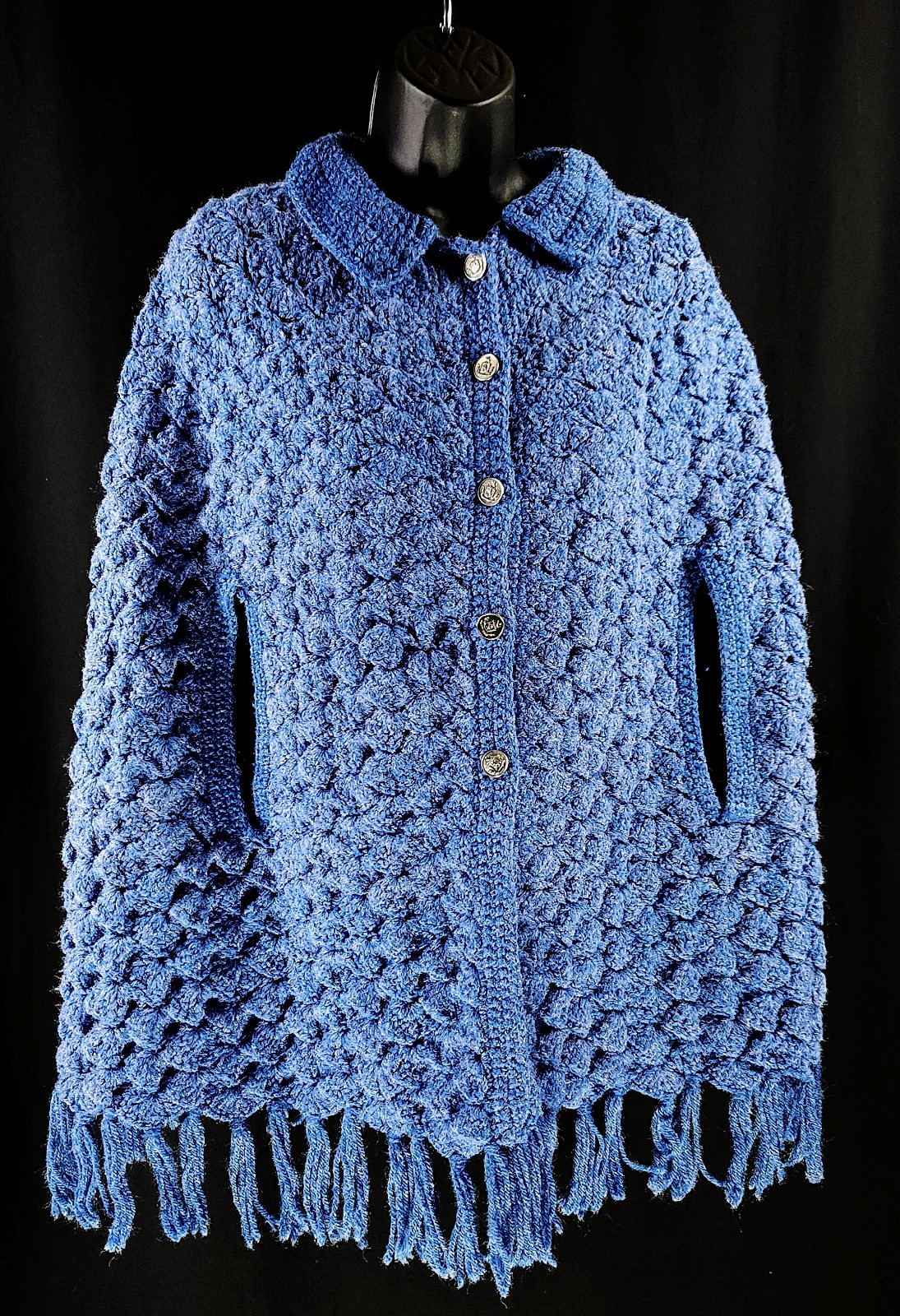 VTG Hand Crochet Cape Shawl Poncho ~Button Front ~Fringe~ BOHO Cottagecore Retro