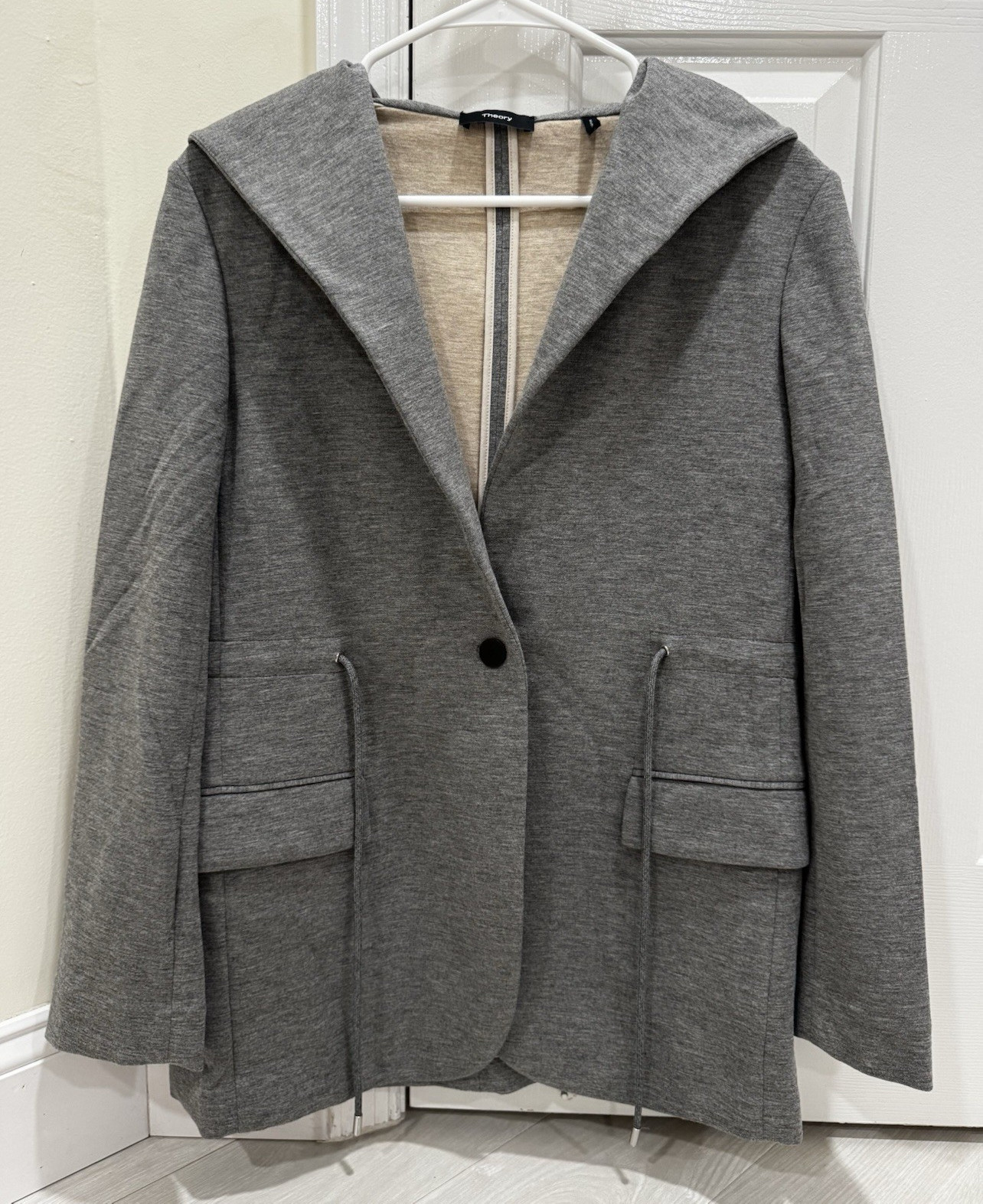 Theory Women’s Gray Hooded Blazer Jacket Soft Stretch One Button, Size M