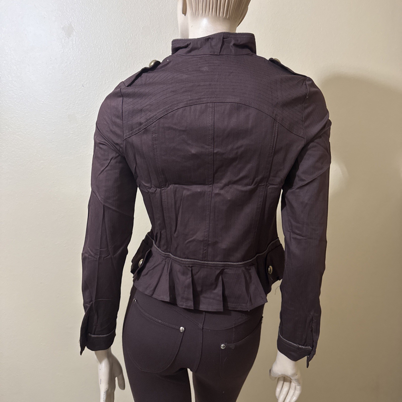 Women’s Brown Cotton Casual Stretch Slim Unlined Metal Button Hook Size S Jacket