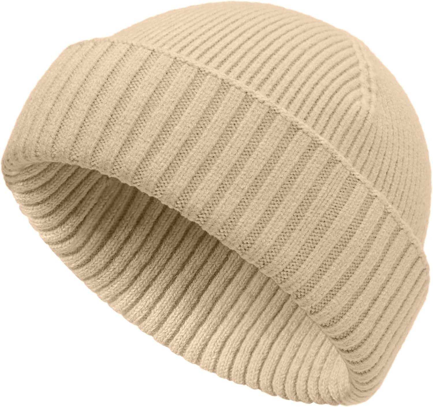 Wool Double Cuff Beanie for Men Women Warm Winter Fisherman Knit Cap