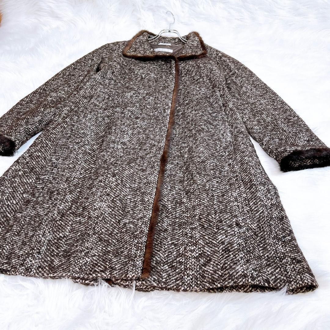 Max Mara mink fur coat, wool, brown tweed, size L