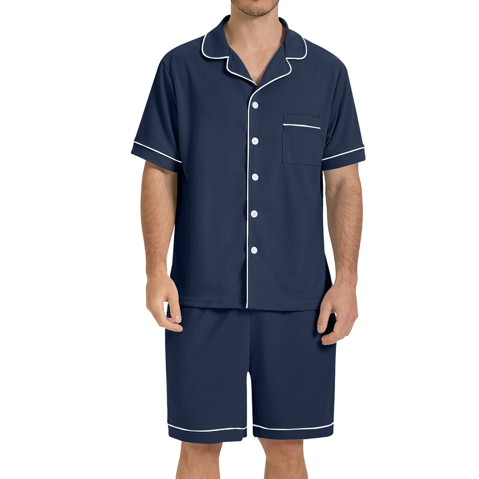 SIORO Men Waffle Knit Pajamas Set Short Sleeve Sleepwear Button Down Loungewear