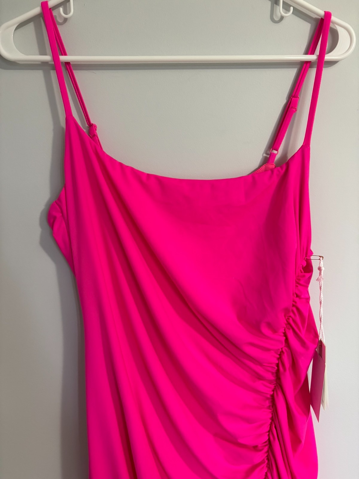 NWT Good American Maxi Dress Sz 5 Slit Spaghetti Staps Ruched Side Knockout Pink