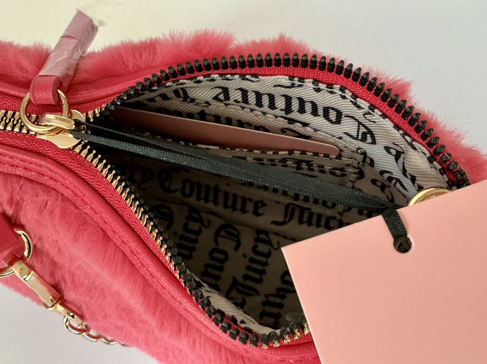 Juicy Couture Hot Pink Flash Faux Fur Get Cozy Mini Wristlet Purse Y2K style NWT