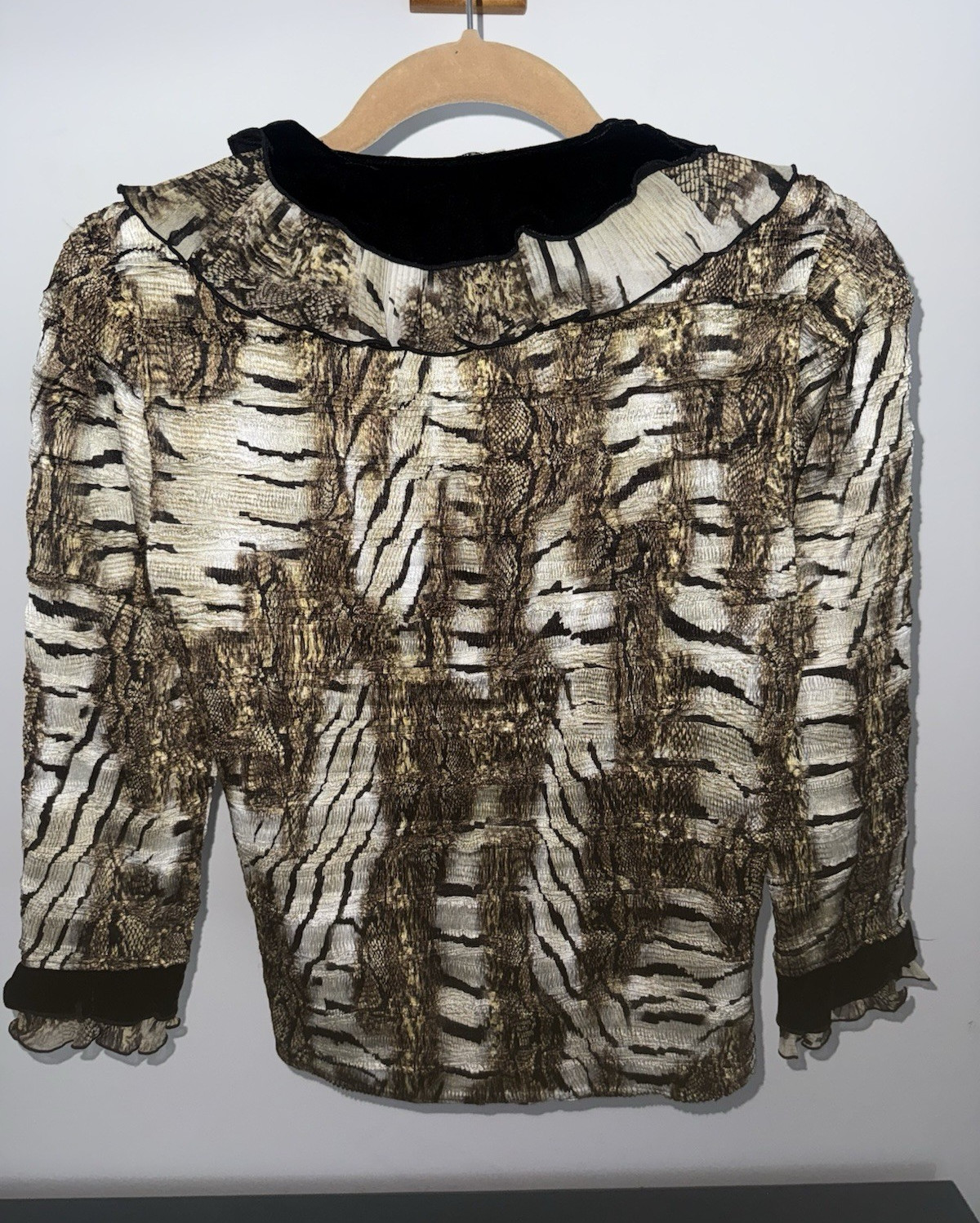 Vintage Alberto Makali Animal Print Button-Front Velvet Trim Blouse Size S