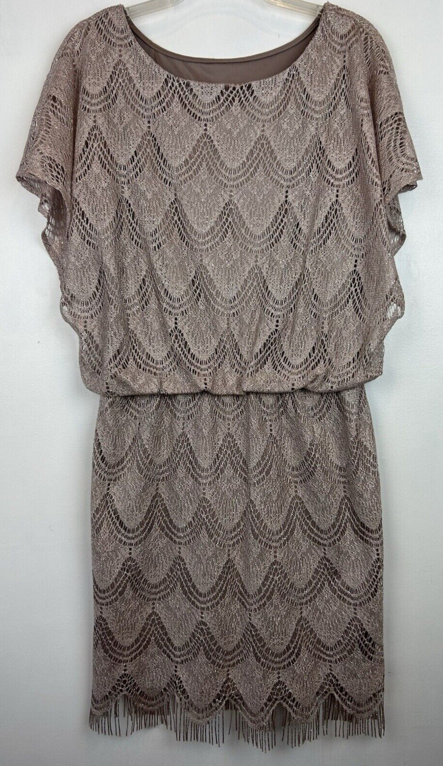 SL Fashions Dress Womans M Lace Beige Champagne Wedding Formal Classy Fringe Hem